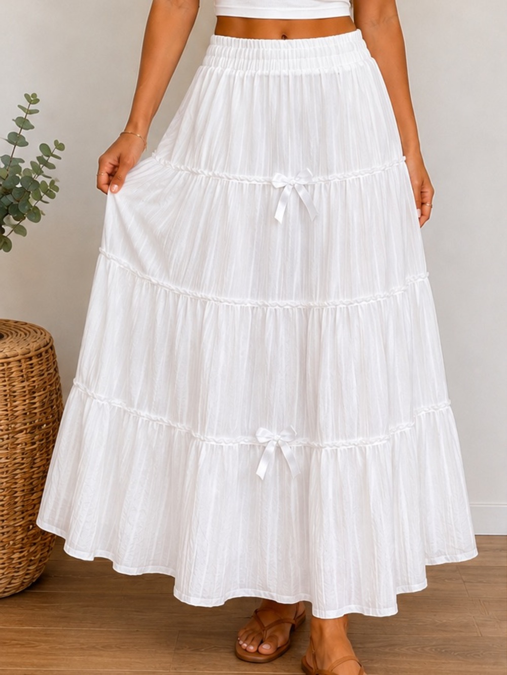 White Tiered Midi Maxi Skirt Elastic Waist Flowy Boho No Tag